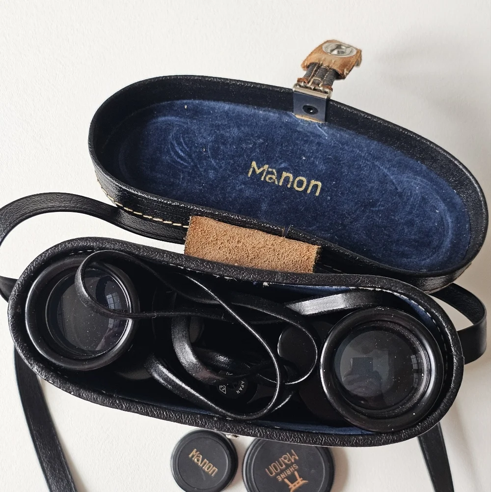 Vintage Manon Shrine 7x35 Binoculars Japan Coated Optics w/ Case Caps Bird Watch